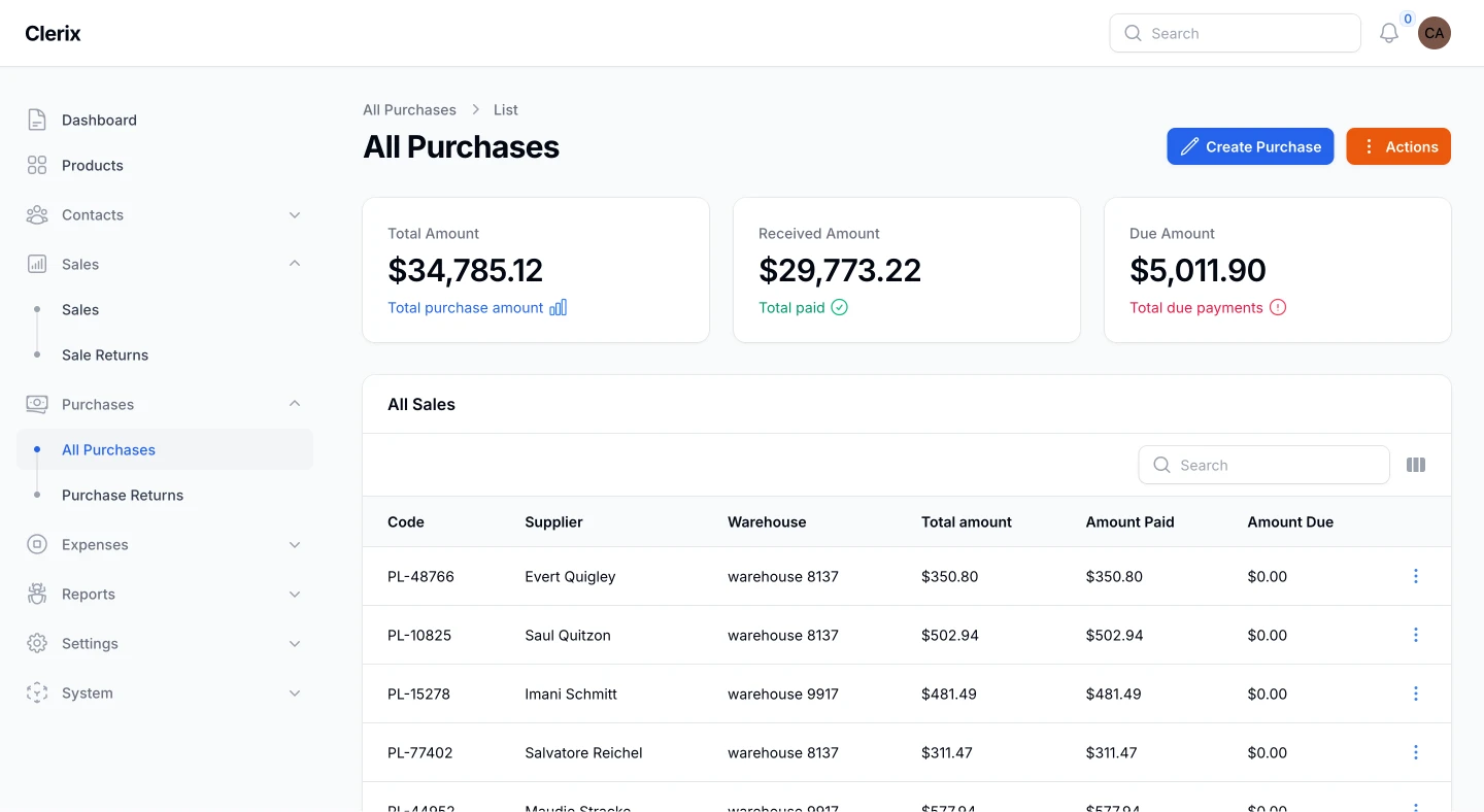 Clerix Purchase Orders