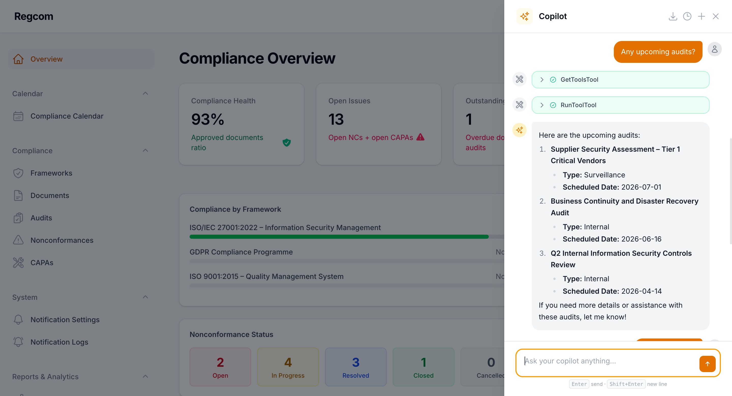 AI Copilot in action — Compliance Overview dashboard with Copilot panel