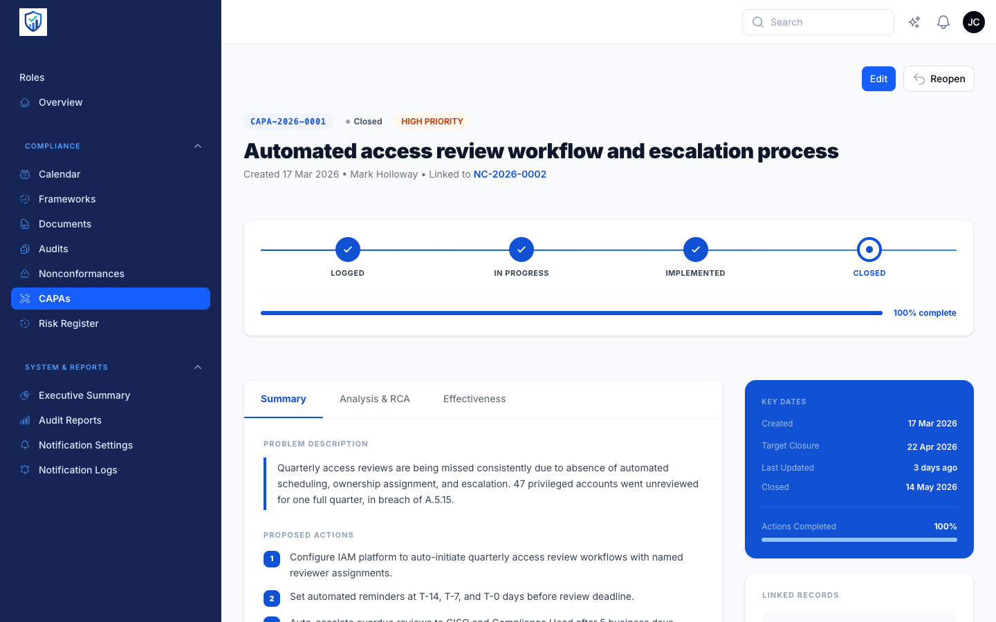 Regcom CAPA Lifecycle