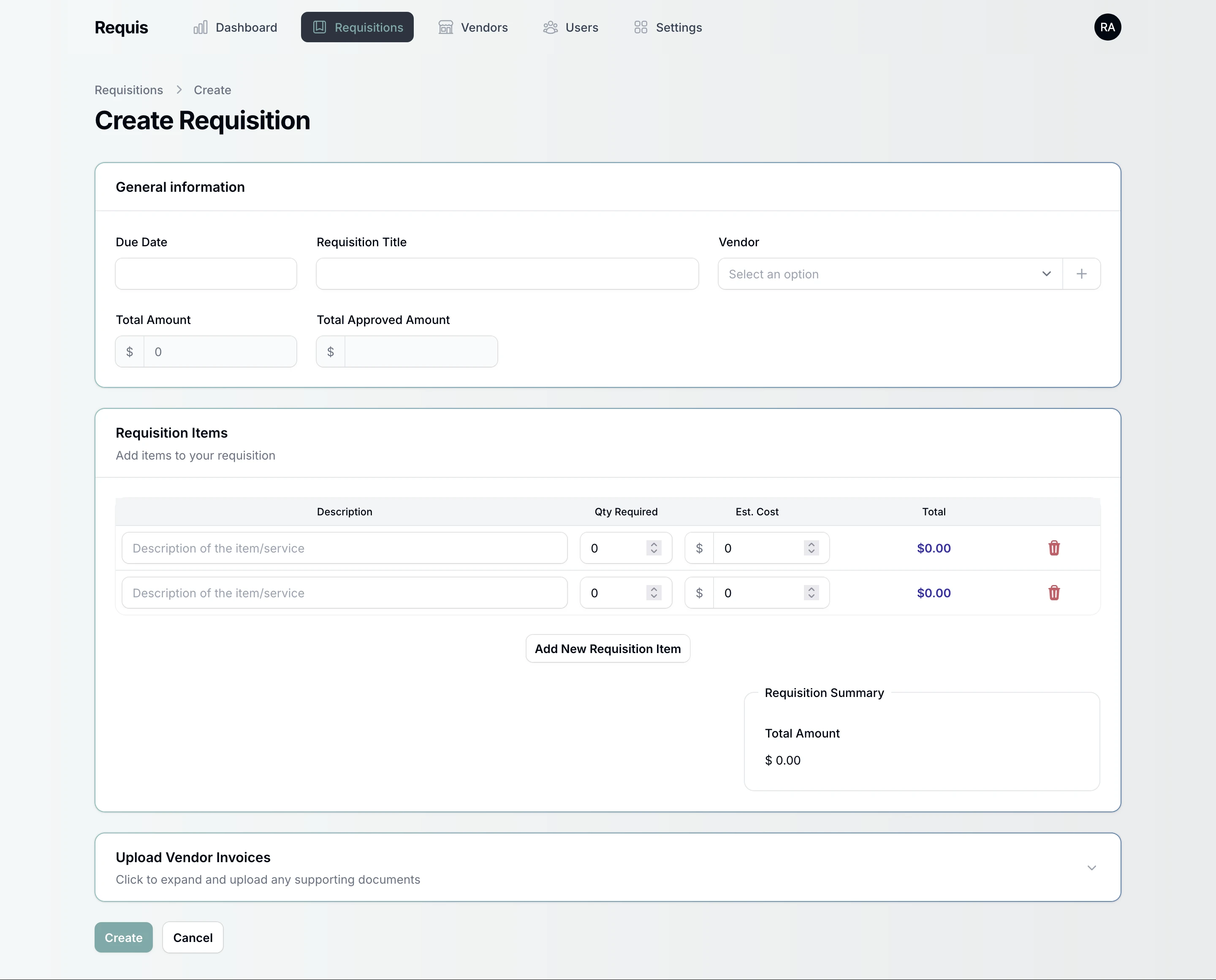 Requis Create Requisition Form